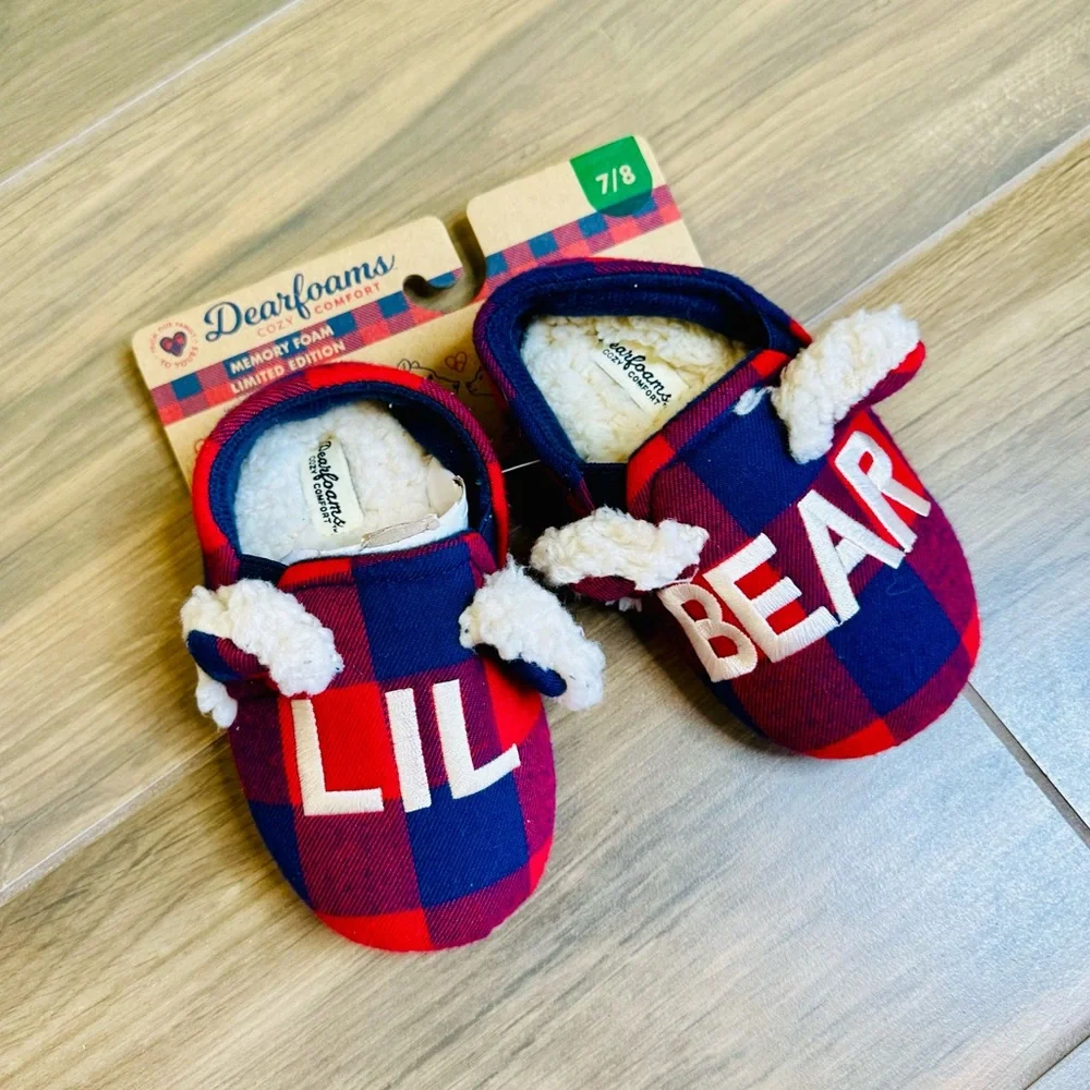 NEW! Limited Edition Dearforms Kids Lil' Bear Memory Form Buffalo Check Slippers